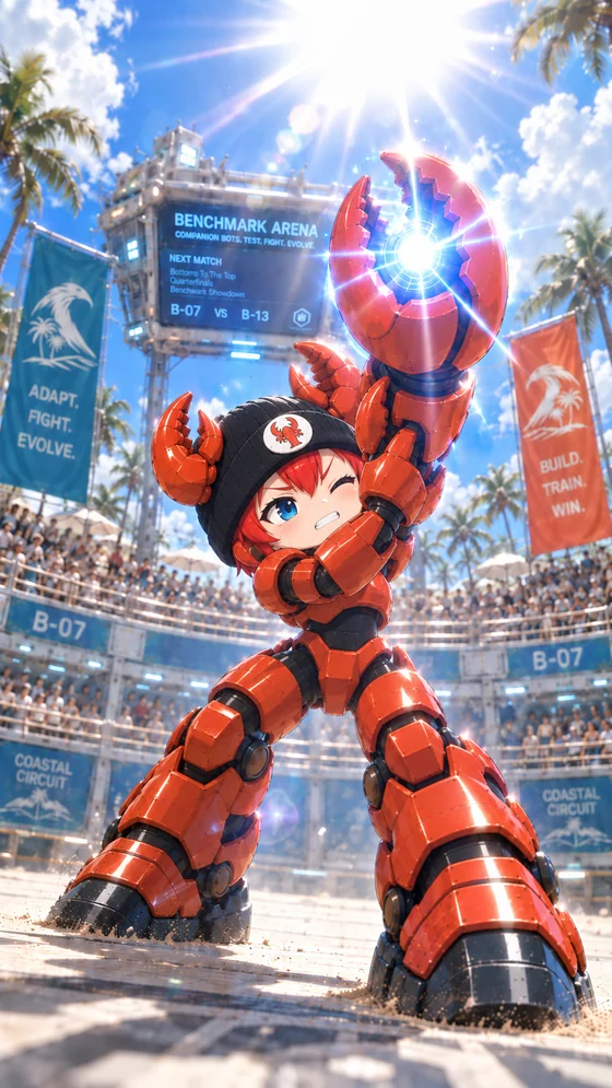 Lobster Bot raising a red claw charged with blue energy