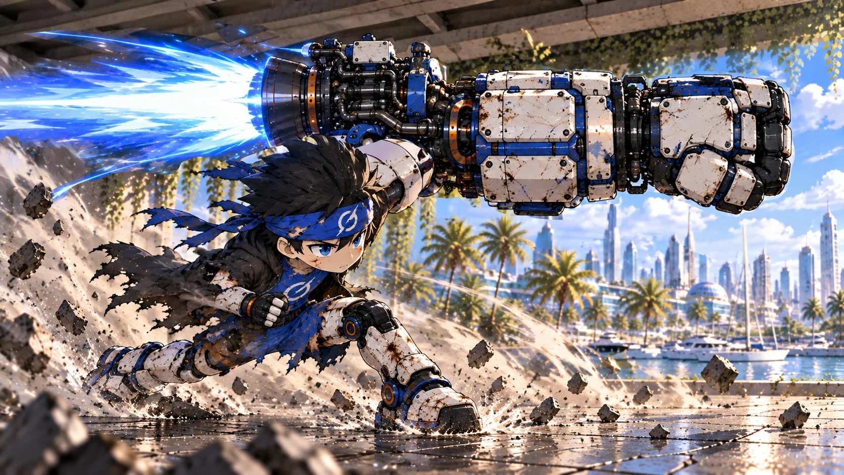 Groku launches forward beneath an enormous rocket-powered mechanical fist