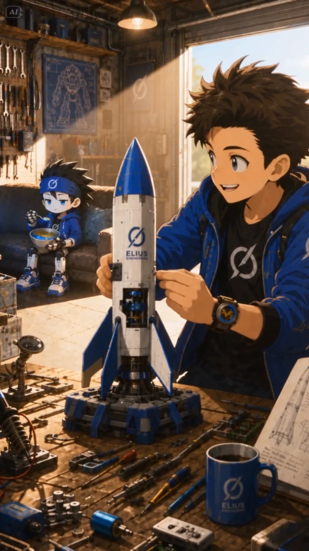 Elius works on a model rocket while Groku eats soup in the workshop