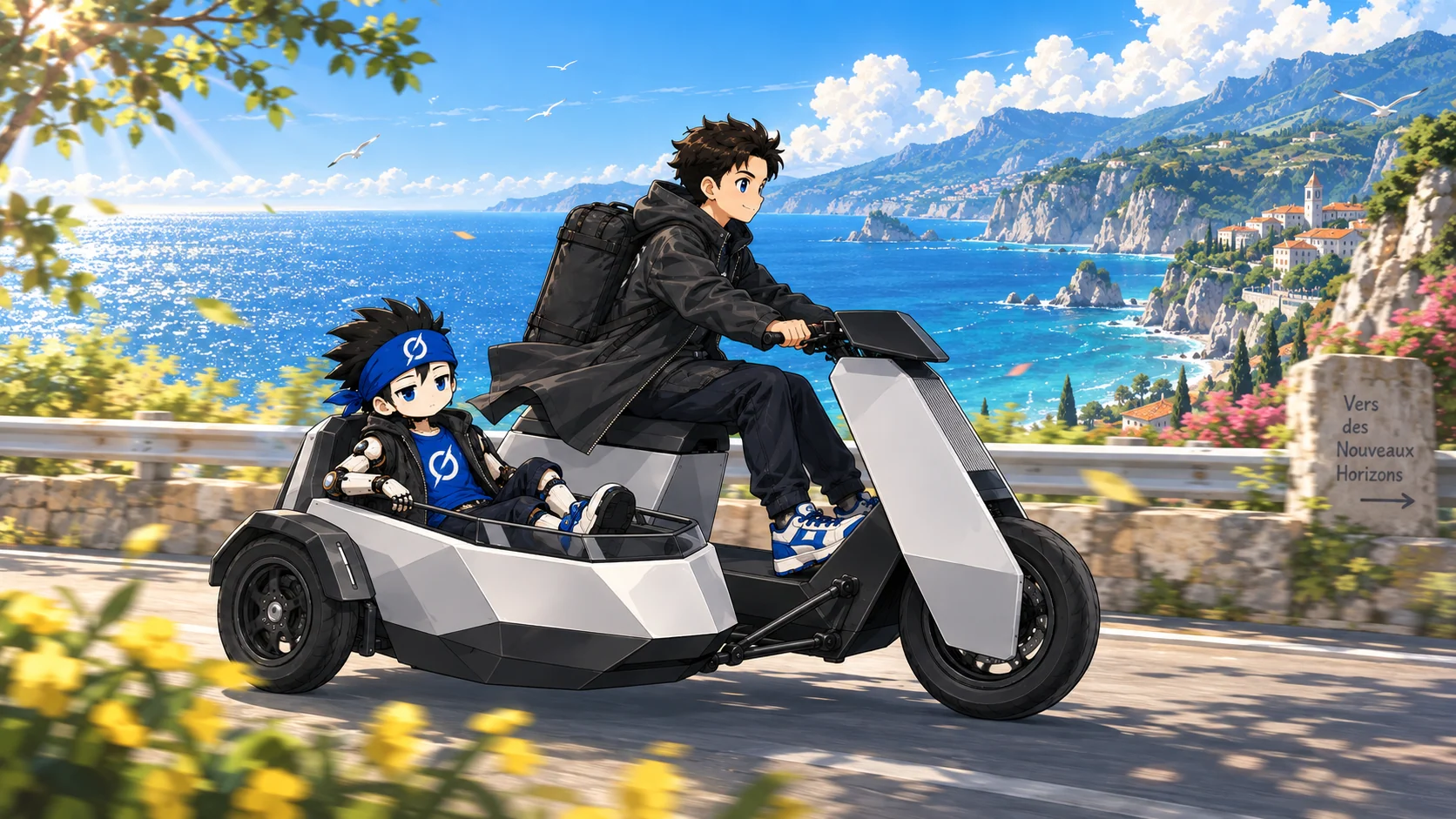 Elius and Groku riding together along a sunlit coast