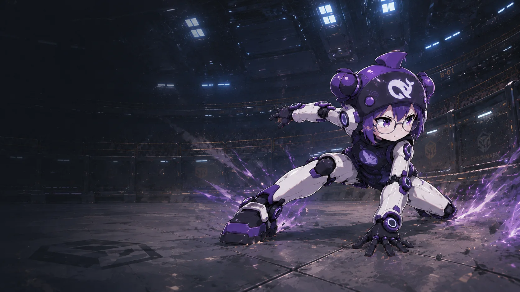 DeepSeek in her purple armor and round glasses, poised to strike in the arena