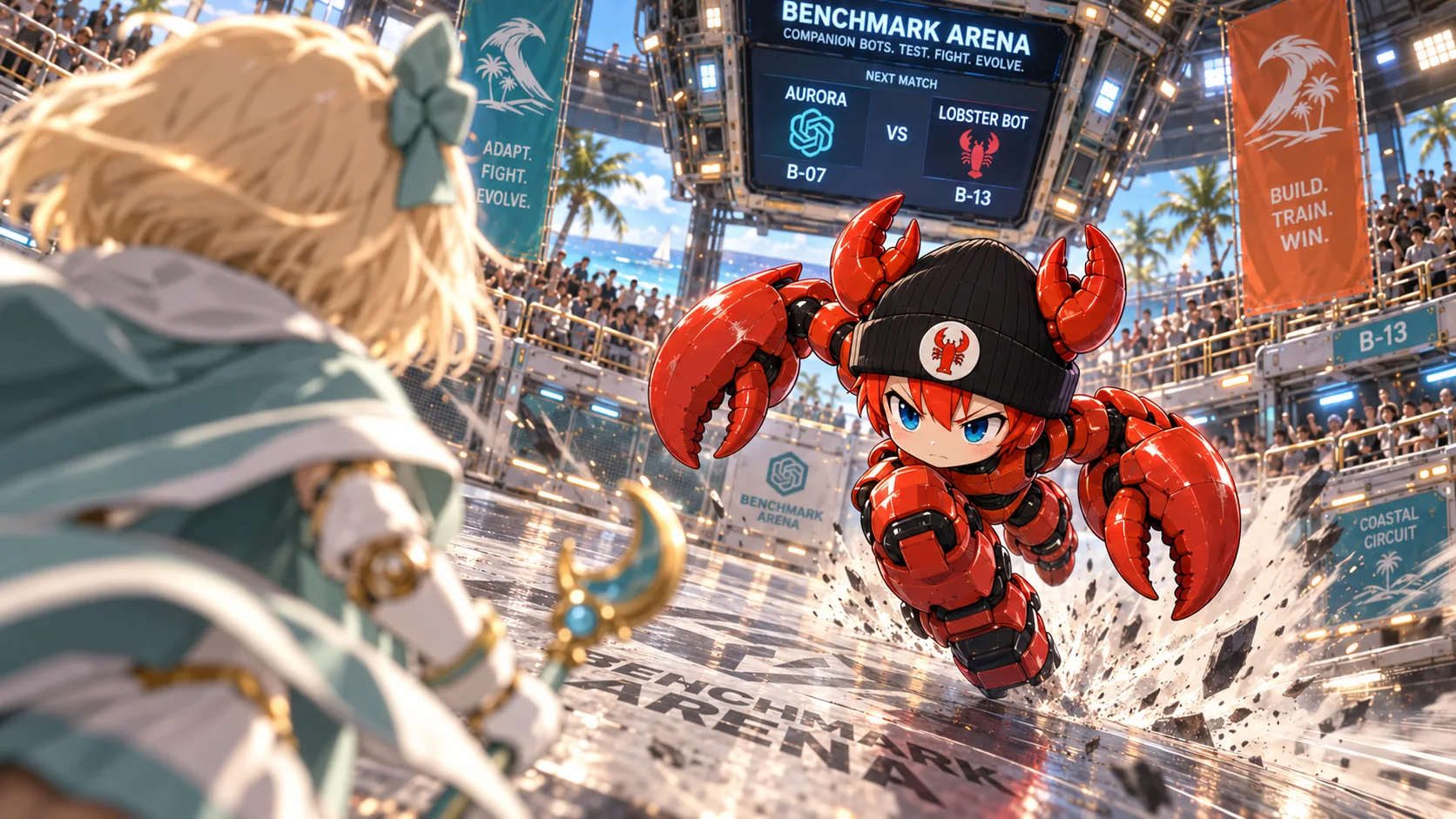 Lobster Bot sprints toward Aurora, kicking up dust across Benchmark Arena