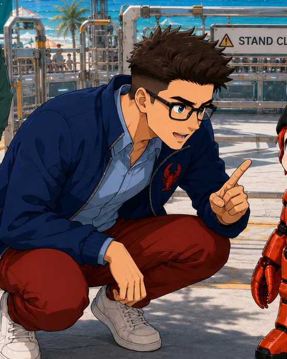 Parker coaching Lobster Bot at Benchmark Arena